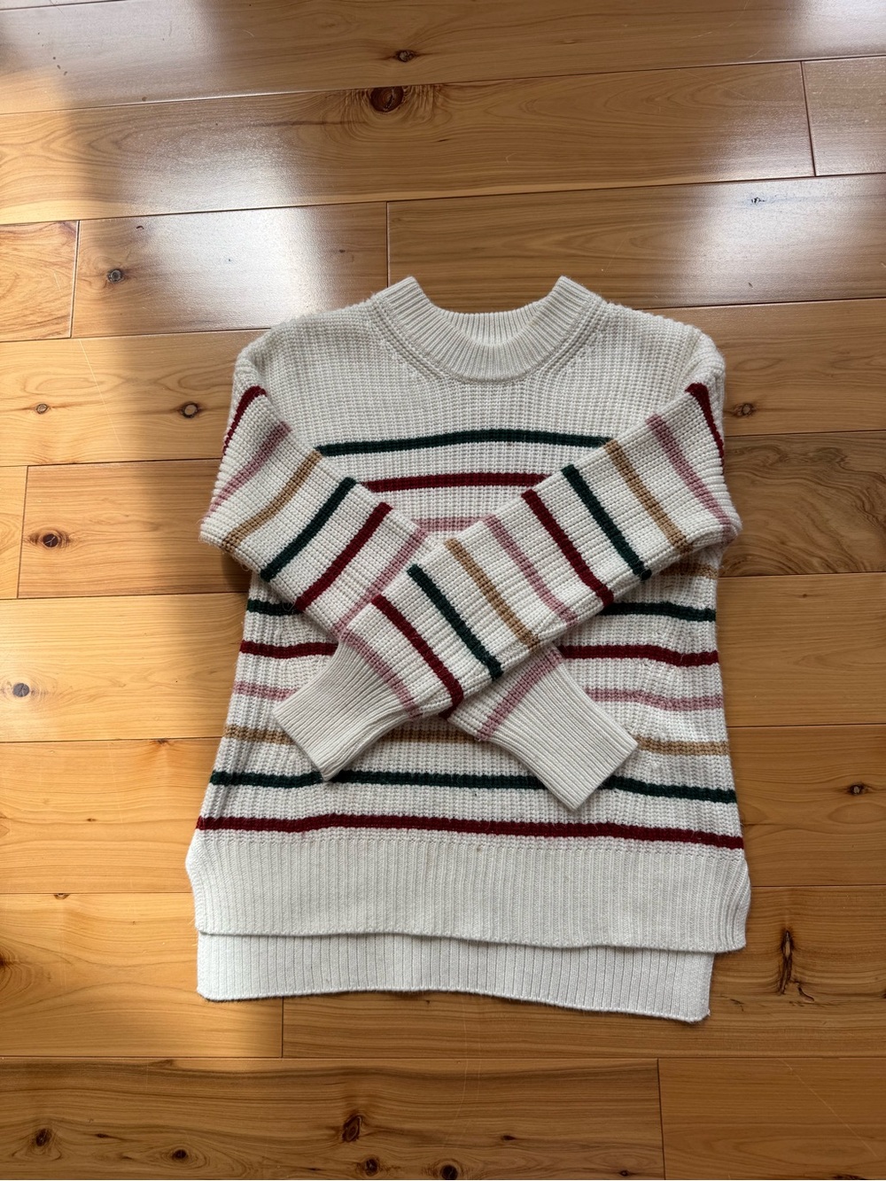 Cream Striped Knit Crewneck Sweater with Red, Green & Tan Accents
